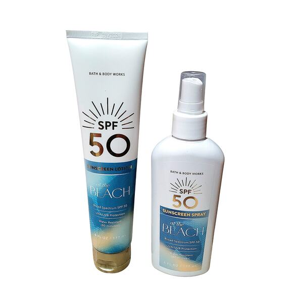AT THE BEACH WATER RESISTANT SUNSCREEN LOTION & SPRAY SET SPF50 BATH BODY WORKS - Picture 1 of 1